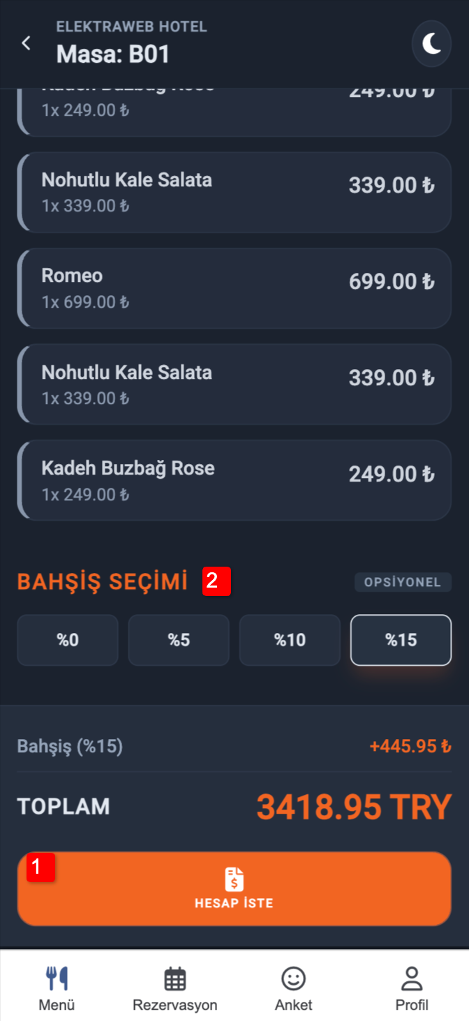 Dijital Hesap ve Bahşiş Seçenekleri